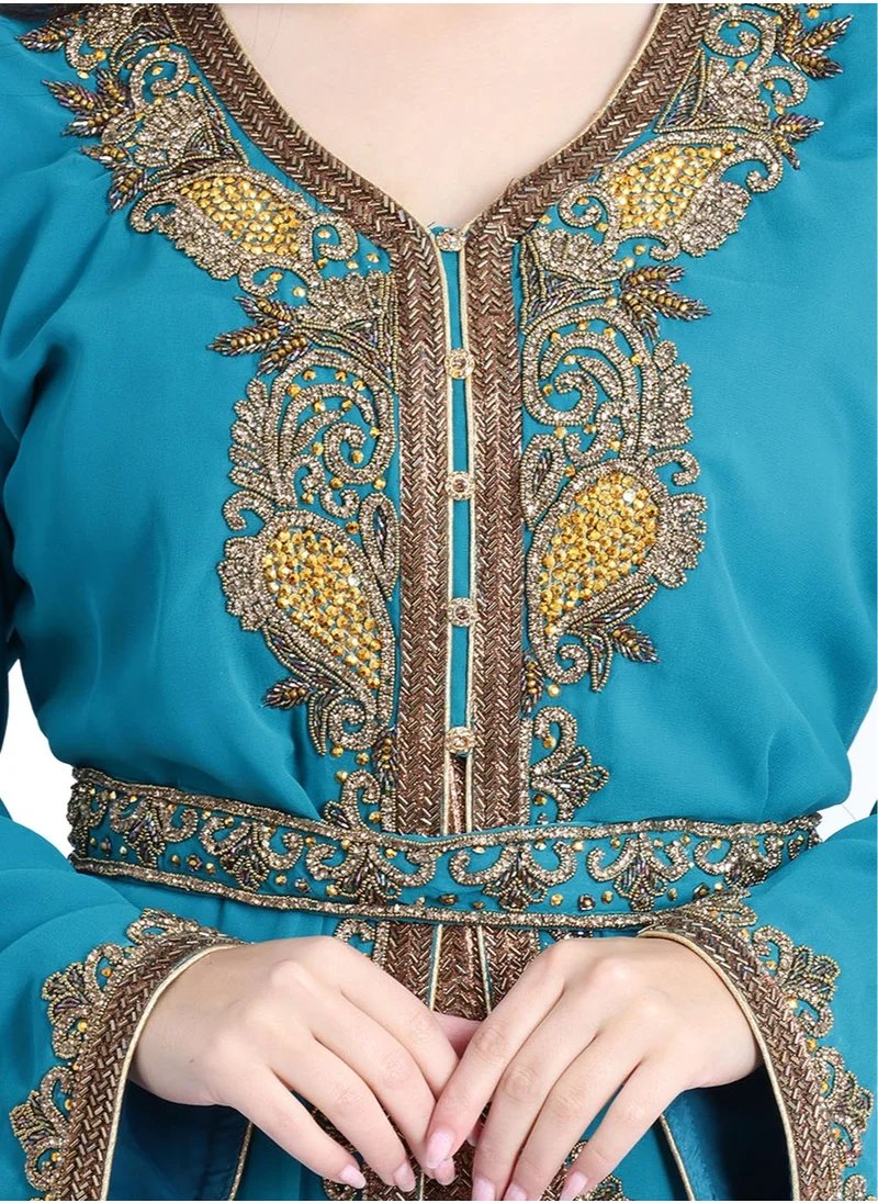 IKKXA Crystal Craft Threadwork Turquoise Kaftan IKW9876