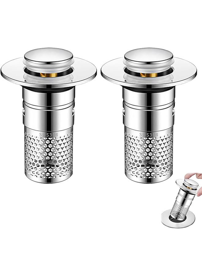 The Bros 2 Pack Bathroom Sink Stopper,Pop Up Sink Drain Filter,Removable Stainless Steel Filter,universal pop up drain strainer shower quick draining - Image 1