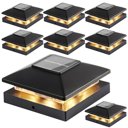 JOFIOS Solar Post Cap Lights Outdoor 8pack, Black Waterproof Solar Powered Deck Fence Post Lights Fit 4x4 Wood/Vinyl Posts, Bright Warm White Solar Post Lights Decorate Deck, Patio, Porch, Fence - Image 1