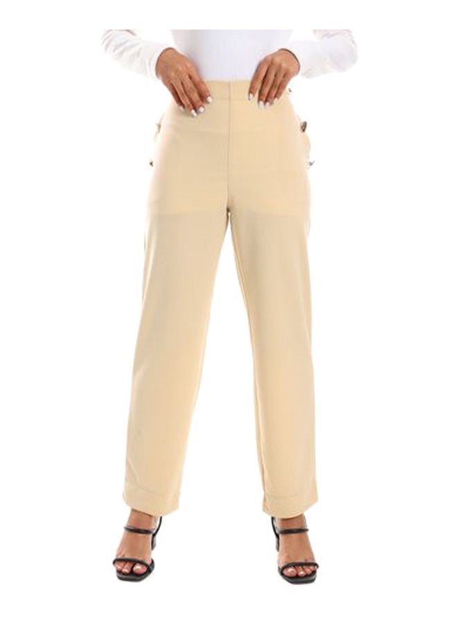 M.SOU - Solid Elastic Waist Buff Beige Semi-Casual Pants - Image 1
