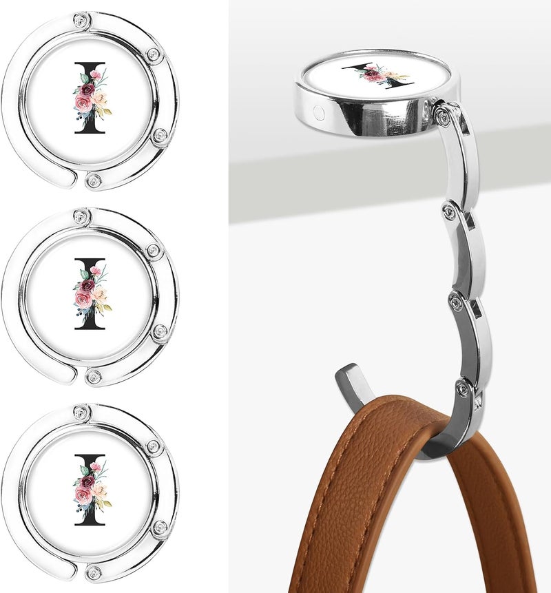 Iqimott Personalized Initial Foldable Purse Hooks - 3pcs Table Hook Holders, Letter Folding Handbag Hanger, Portable Magnet Holder for Women (Black-I) - Image 1