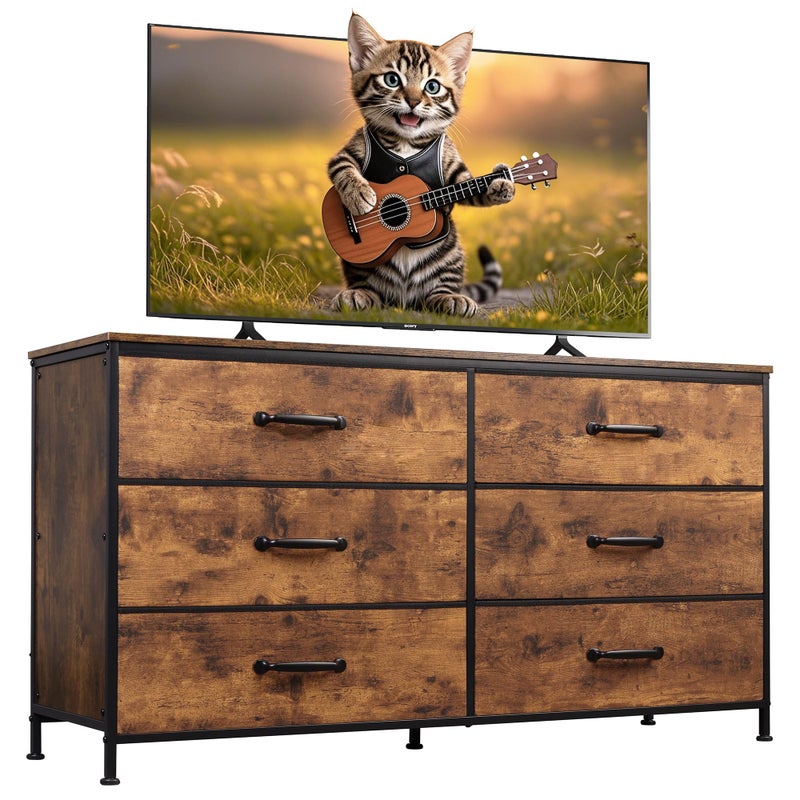WLIVE 6 Drawer Dresser for Bedroom Large Fabric Wide Dresser TV Stand for 50 55 60 inch TV Big Long Chest of Drawers with Deep Drawer for Closet Bedroom Living Room Hallway Rustic Brown