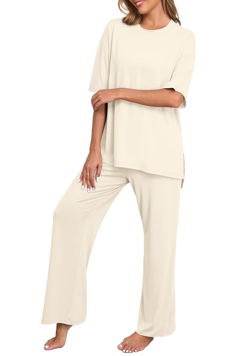 PrinStory Lounge Sets for Women 2 Piece Pajamas Sets Woman Soft Pjs Ladies Comfy Pajama with Pockets Beige-L - Image 1