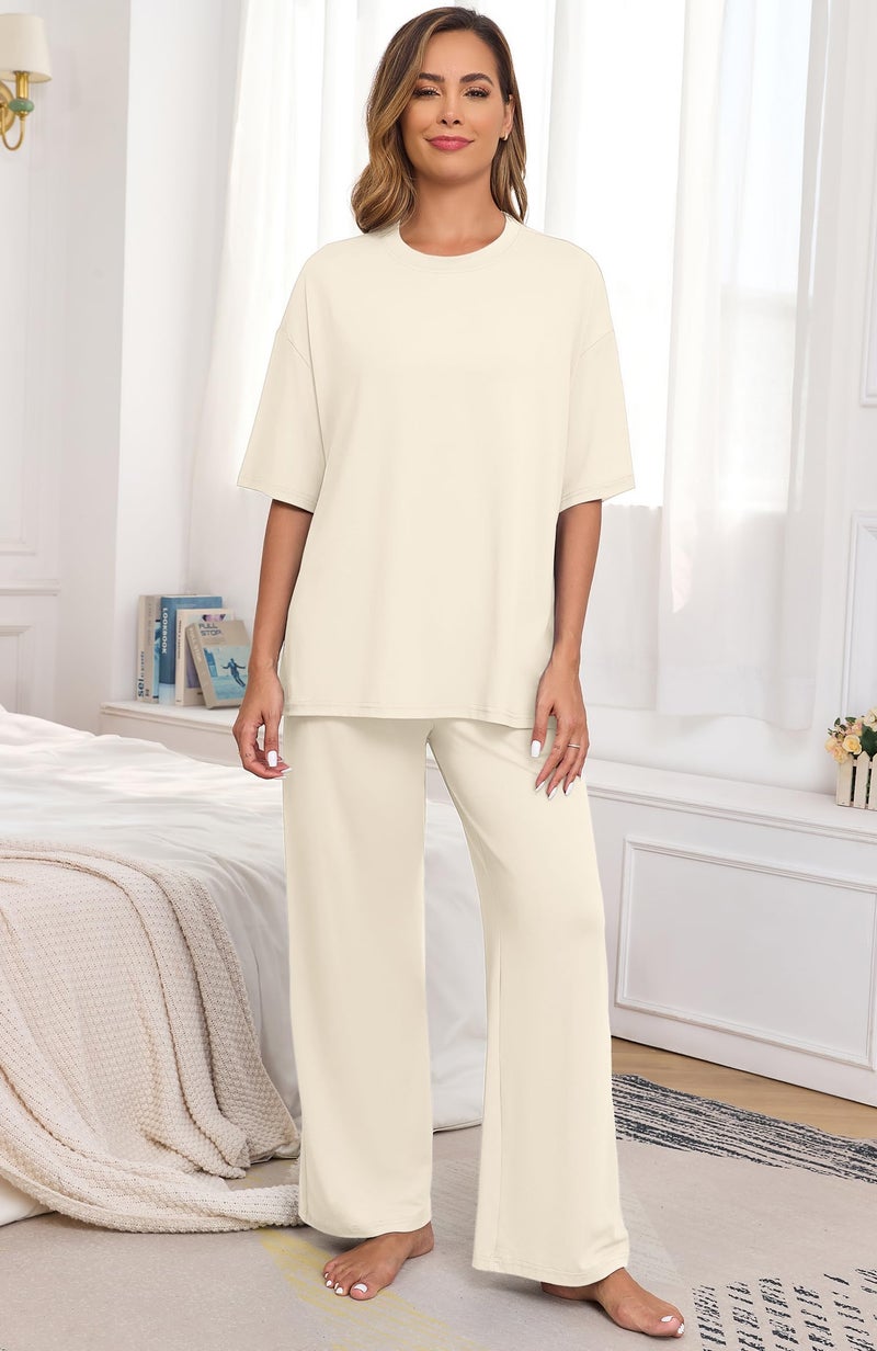 PrinStory Lounge Sets for Women 2 Piece Pajamas Sets Woman Soft Pjs Ladies Comfy Pajama with Pockets Beige-L - Image 2