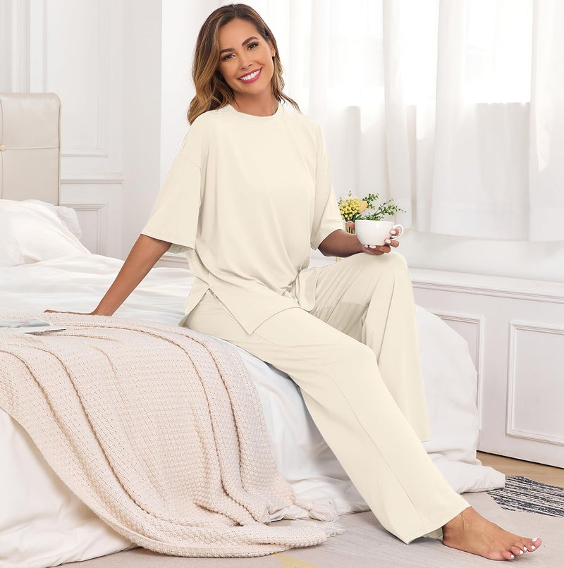 PrinStory Lounge Sets for Women 2 Piece Pajamas Sets Woman Soft Pjs Ladies Comfy Pajama with Pockets Beige-L - Image 4