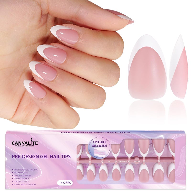 Canvalite French Tip Press on Nails - 300Pcs Pre-Colored Short Gel Nail Tips, Quick and Easy Almond Fake Nails With Designs, DIY French Tip, Pink White - Image 1
