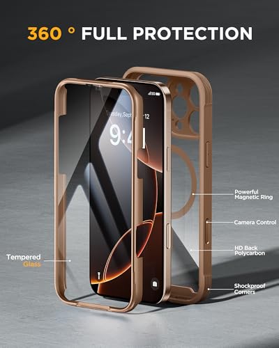 Miracase Magnetic for iPhone 16 Pro Case FullBody Phone with Builtin Glass Screen Protector Compatible with MagSafe Military Drop Proof 16 Pro Cover Bumper 63 inch Gold Brown - Image 3