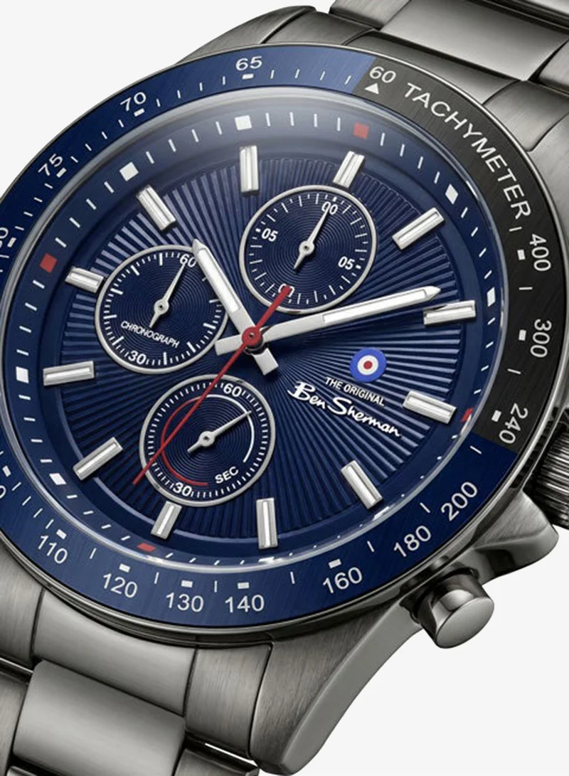 Ben Sherman Winchester Blue Dial Gunmetal Stainless Steel Bracelet Chronograph Watch for Men, 43.2mm