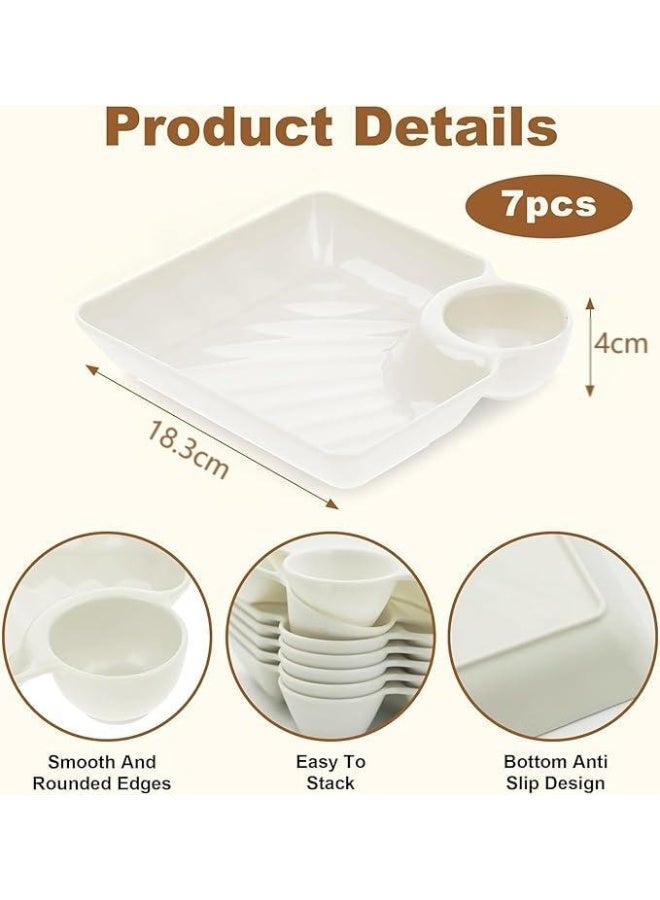 DUNISO 7 قطع أطباق وجبات خفيفة، طبق زلابية، طبق تقديم رقائق وغمس، صينية تقديم مع قسم صلصة الغمس، سهلة التكديس، سهلة التنظيف، لرقائق وغمس، سوشي، زلابية، تاكو، دجاج مقلي، أبيض - Image 5