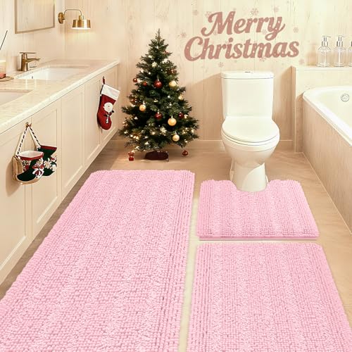 ACCUMTEK Striped Pink Bathroom Rug Set 3 Pieces Ultra Soft, Non Slip Chenille Toilet Mat, Absorbent Plush Shaggy Bath Mats for Bathroom, Bedroom, Kitchen - Image 1