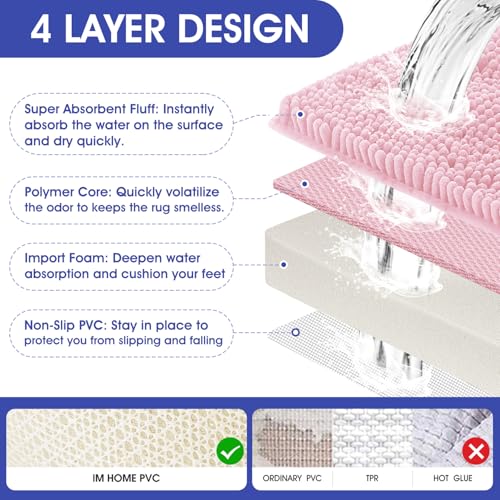 ACCUMTEK Striped Pink Bathroom Rug Set 3 Pieces Ultra Soft, Non Slip Chenille Toilet Mat, Absorbent Plush Shaggy Bath Mats for Bathroom, Bedroom, Kitchen - Image 4