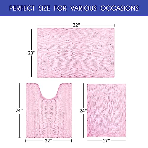 ACCUMTEK Striped Pink Bathroom Rug Set 3 Pieces Ultra Soft, Non Slip Chenille Toilet Mat, Absorbent Plush Shaggy Bath Mats for Bathroom, Bedroom, Kitchen - Image 5