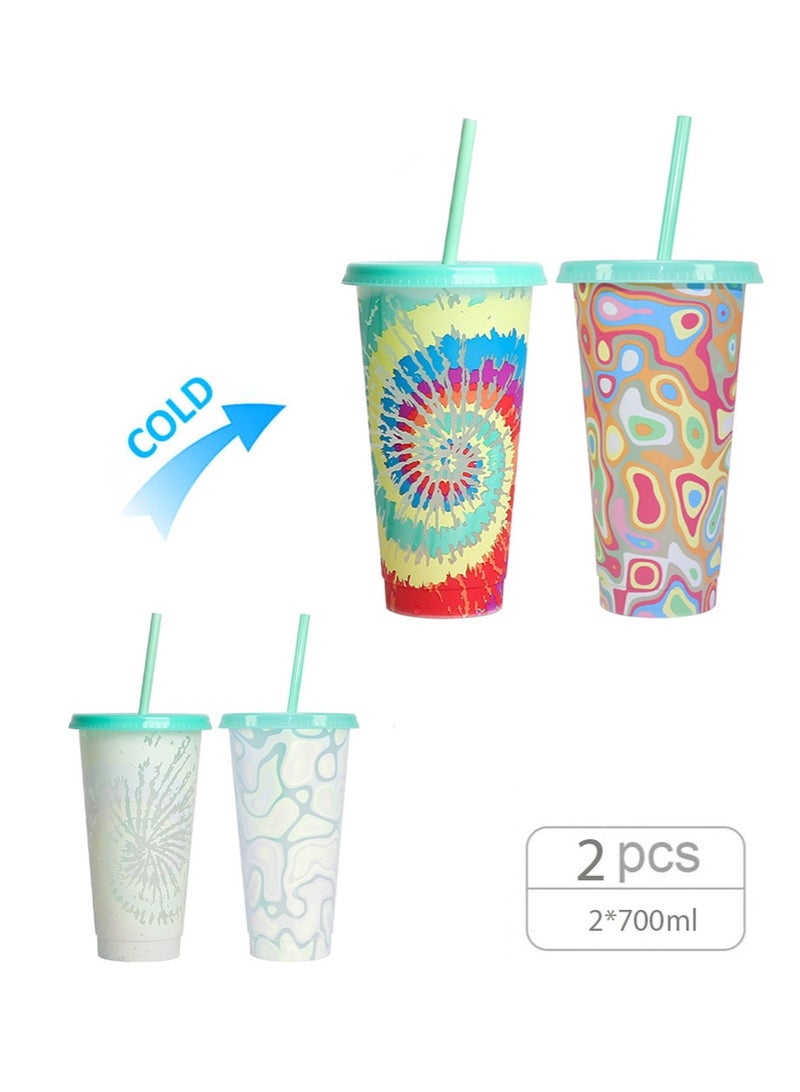إزدنك كوب متغير اللون، عبوة من قطعتين من الأكواب البلاستيكية سعة 700 مل مع غطاء وقشة، كوب قهوة مثلج قابل لإعادة الاستخدام، مناسب للنساء والبالغين وحفلات الأطفال، أكواب مشروبات مثلجة لطيفة (نمط حلزوني) - Image 1