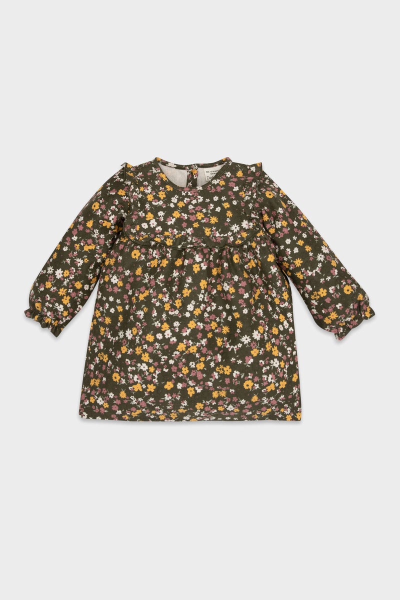 ديفاكتو فستان بيبي بناتي كم طويل منقوش بياقة مستديرة - Image 1