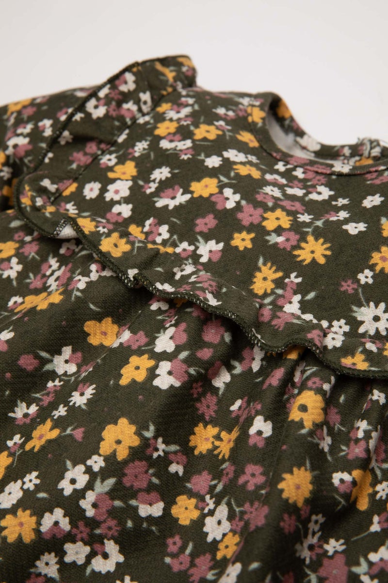 ديفاكتو فستان بيبي بناتي كم طويل منقوش بياقة مستديرة - Image 2