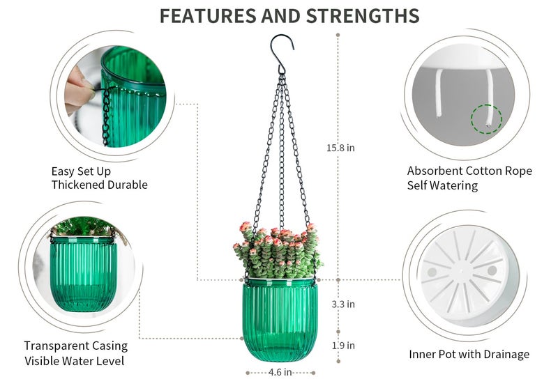 Josteve 4.5 Inch 2 Pcs Self Watering Hanging Planter Indoor Plant Pots Drainage Holes, Outdoor Small Hanging Planters Flower Pot Basket, Visible Water Level, Plant Hanger Home Decor, Gardening - Image 5