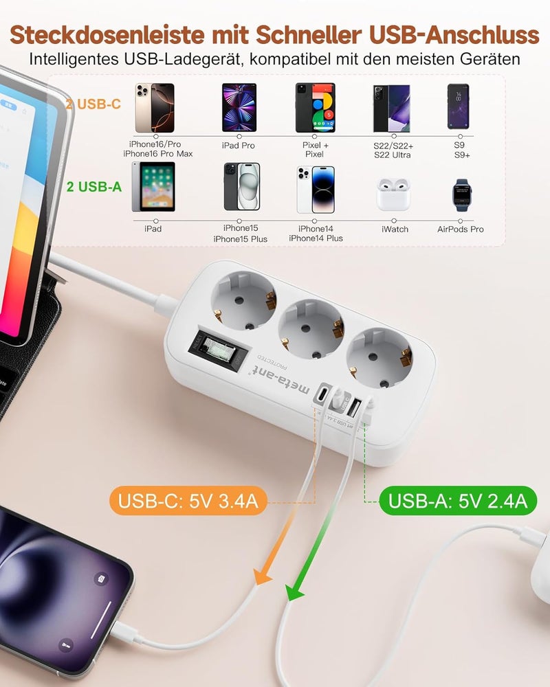 meta-ant US Adapter, 7 in 1 US Plug, USB C Connector (3.4A), 3 Plugs with 1.5m Cable, US Travel Adapter, 1250W US to EU, Canada Type B Adapter, Travel Outlet for America - Image 4