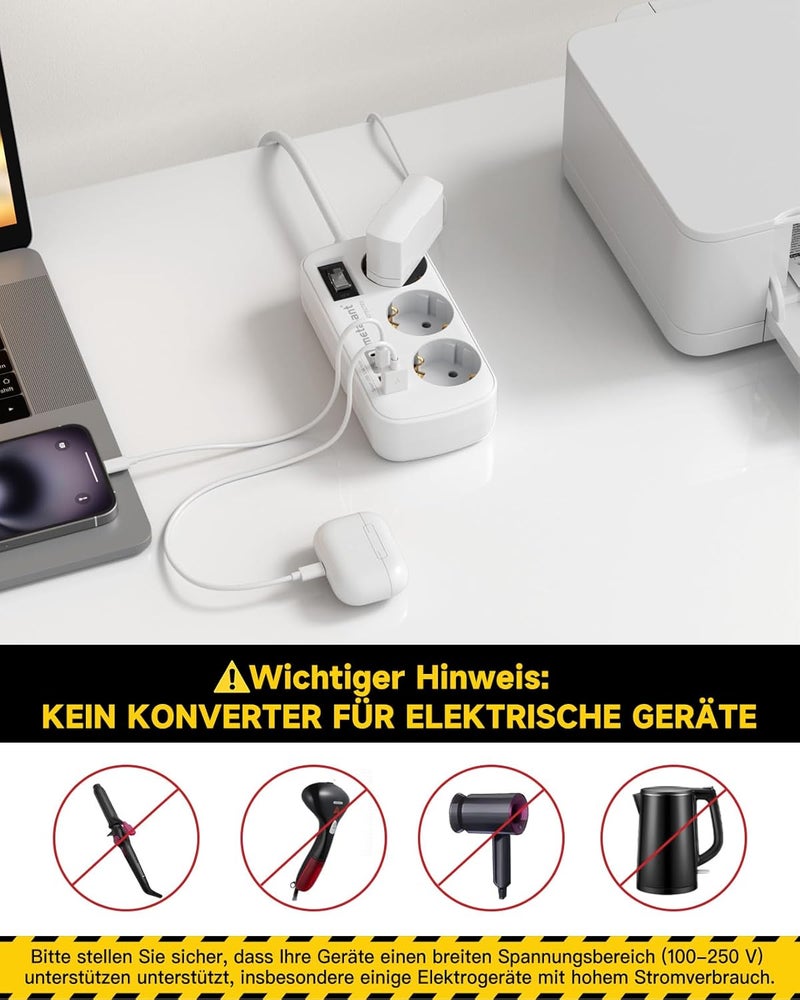 meta-ant US Adapter, 7 in 1 US Plug, USB C Connector (3.4A), 3 Plugs with 1.5m Cable, US Travel Adapter, 1250W US to EU, Canada Type B Adapter, Travel Outlet for America - Image 5