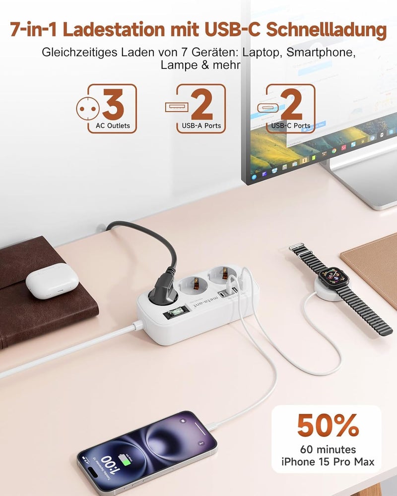 meta-ant US Adapter, 7 in 1 US Plug, USB C Connector (3.4A), 3 Plugs with 1.5m Cable, US Travel Adapter, 1250W US to EU, Canada Type B Adapter, Travel Outlet for America - Image 3