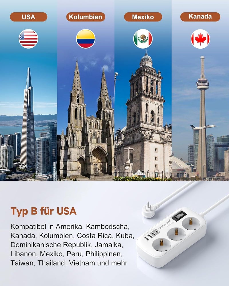 meta-ant US Adapter, 7 in 1 US Plug, USB C Connector (3.4A), 3 Plugs with 1.5m Cable, US Travel Adapter, 1250W US to EU, Canada Type B Adapter, Travel Outlet for America - Image 2