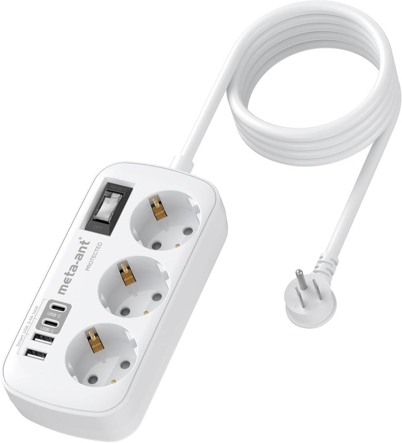 meta-ant US Adapter, 7 in 1 US Plug, USB C Connector (3.4A), 3 Plugs with 1.5m Cable, US Travel Adapter, 1250W US to EU, Canada Type B Adapter, Travel Outlet for America - Image 1
