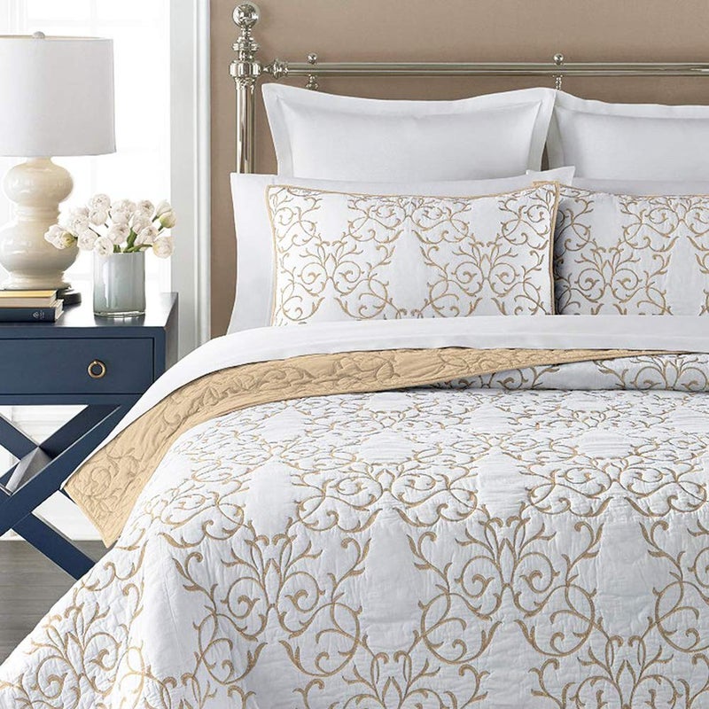 mixinni Quilt Twin Size Reversible 2Piece Beige Embroidery Pattern Elegant Quilt Set with Embroidered Decorative Sham Soft BedspreadCoverlet SetTwin - Image 3