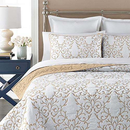 mixinni Quilt Twin Size Reversible 2Piece Beige Embroidery Pattern Elegant Quilt Set with Embroidered Decorative Sham Soft BedspreadCoverlet SetTwin - Image 1