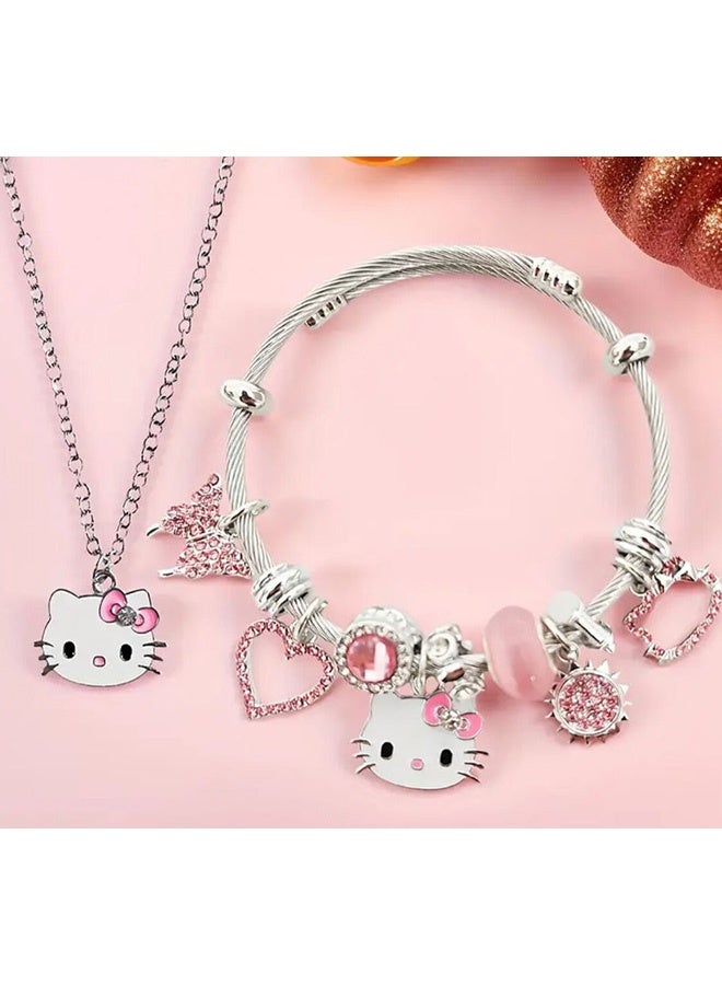 هالو كيتي مجموعة مجوهرات وإكسسوارات 3 في 1 لطيفة من هالو كيتي، تتكون من أقراط وأساور وقلادة قابلة للتعديل من الفولاذ المقاوم للصدأ بتصميم كلاسيكي كرتوني، هدية مثالية لها في عيد ميلادها أو عيد زواجها أو للملابس اليومية غير الرسمية، باللون الوردي. - Image 2