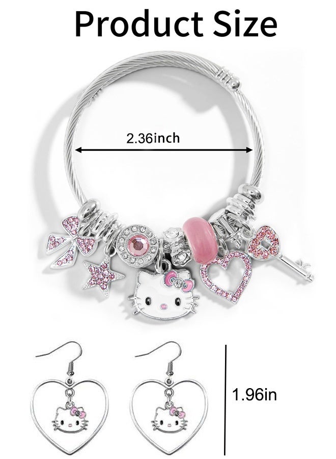 هالو كيتي مجموعة مجوهرات وإكسسوارات 3 في 1 لطيفة من هالو كيتي، تتكون من أقراط وأساور وقلادة قابلة للتعديل من الفولاذ المقاوم للصدأ بتصميم كلاسيكي كرتوني، هدية مثالية لها في عيد ميلادها أو عيد زواجها أو للملابس اليومية غير الرسمية، باللون الوردي. - Image 3
