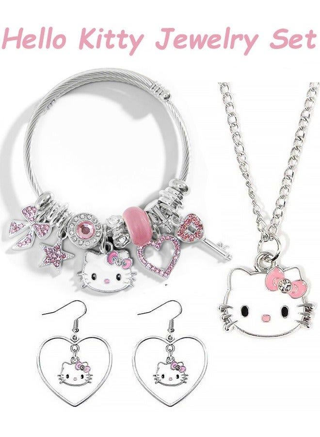 هالو كيتي مجموعة مجوهرات وإكسسوارات 3 في 1 لطيفة من هالو كيتي، تتكون من أقراط وأساور وقلادة قابلة للتعديل من الفولاذ المقاوم للصدأ بتصميم كلاسيكي كرتوني، هدية مثالية لها في عيد ميلادها أو عيد زواجها أو للملابس اليومية غير الرسمية، باللون الوردي. - Image 1