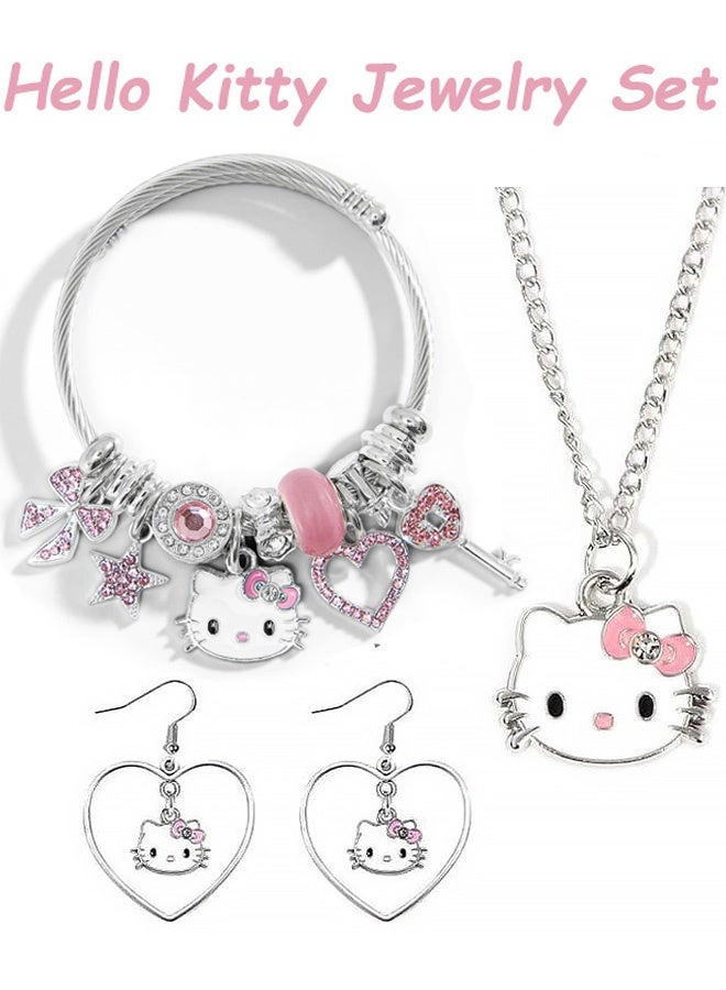 Hello Kitty Cute 3 in 1 Jewelry Accessories Hello Kitty Beads Earring Bracelet Necklace Set Adjustable Stainless Steel Composite Classic Cartoon Design Perfect Gift for Her on Birthday Christmas Anniversary Daily Wear Casual Outfits, Pink - Image 1