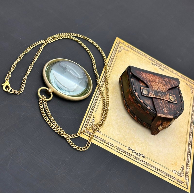 geekgifts Pocket Magnifying Glass with Leather Box - Domed Magnifying Glass - Monocle Costume Magnifiers - Book Magnifier for Reading - Hand Made Gift (Gold - with Chain) - Image 1