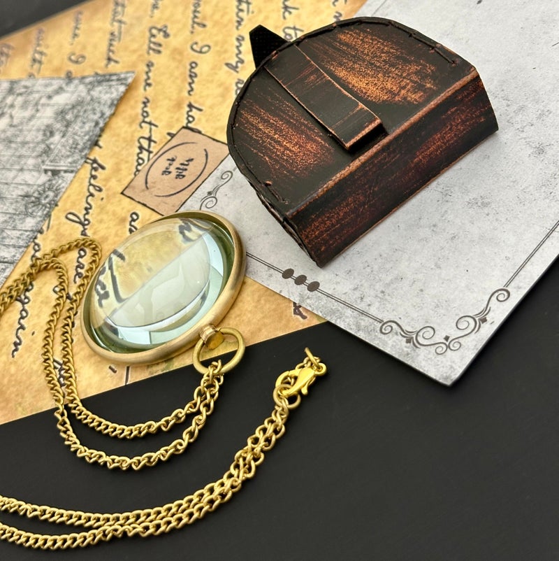 geekgifts Pocket Magnifying Glass with Leather Box - Domed Magnifying Glass - Monocle Costume Magnifiers - Book Magnifier for Reading - Hand Made Gift (Gold - with Chain) - Image 4