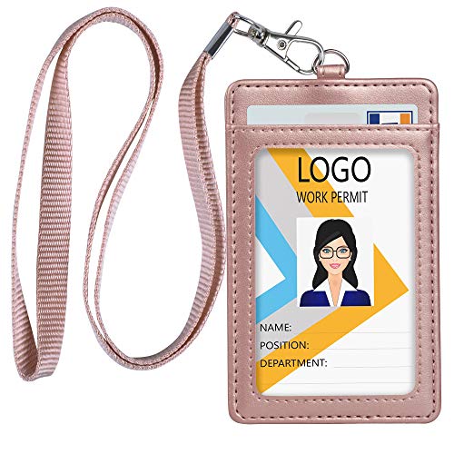Teskyer Lanyards for ID Badges, Leather ID Badge Holder for Work School IDs, Cruise Ship Cards, Hotel Key Cards, Pass Cards - Rose Gold - Image 1