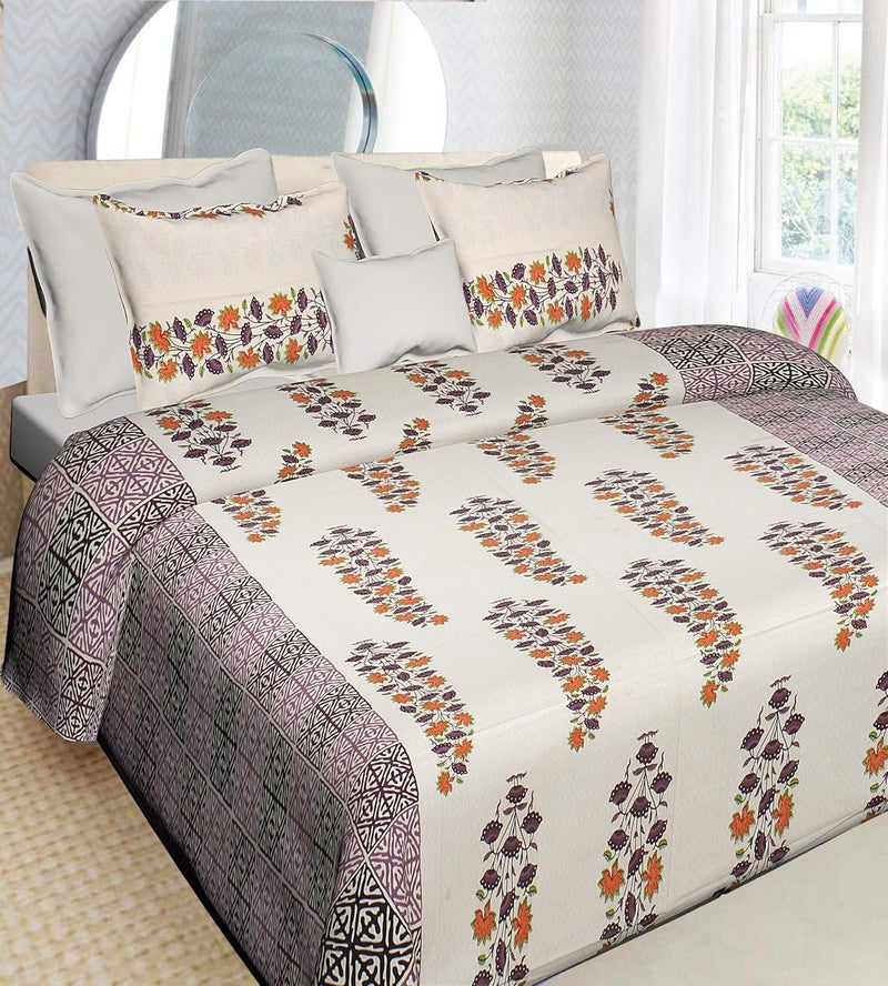 BedZone 100 Cotton Comfort 160 TC Rajasthani Jaipuri Traditional King Size 1 Double Bedsheet with 2 Pillow Covers Multi