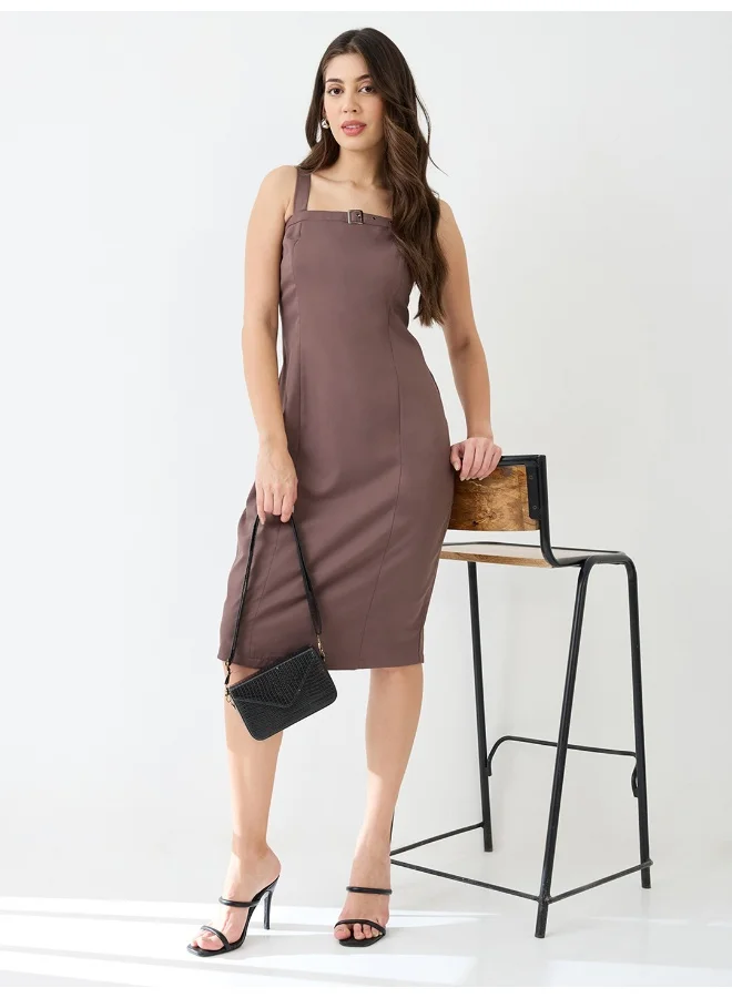 globus Women Buckle Detail Square Neck Strappy Shoulder Korean Midi Sheath Party Dress