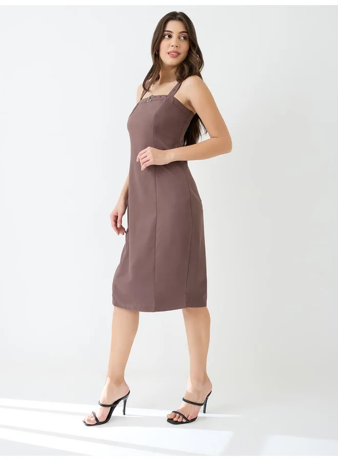 globus Women Buckle Detail Square Neck Strappy Shoulder Korean Midi Sheath Party Dress