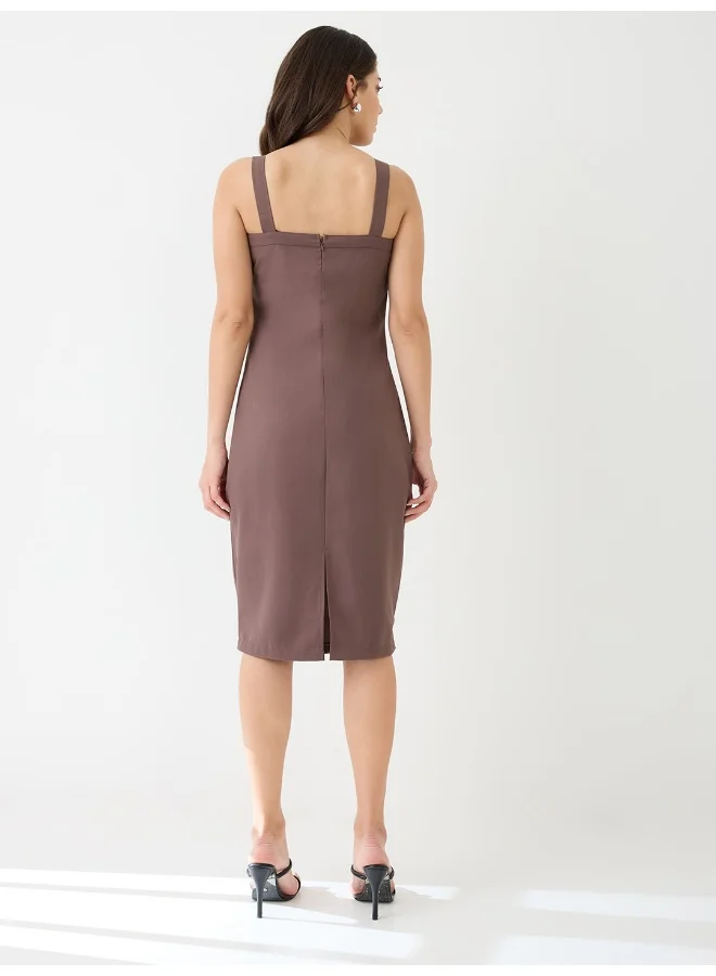 globus Women Buckle Detail Square Neck Strappy Shoulder Korean Midi Sheath Party Dress
