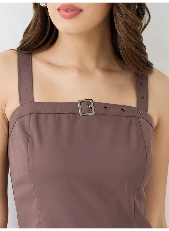globus Women Buckle Detail Square Neck Strappy Shoulder Korean Midi Sheath Party Dress