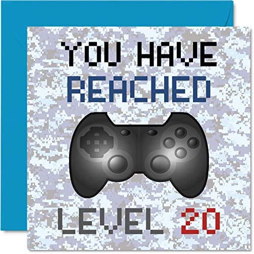 Stuff4 Men's 20th Birthday Card - You Have Reached Level 20, Video Game Themed, Blank Inside, 5.7 in x 5.7 in, Envelope Included - Image 1