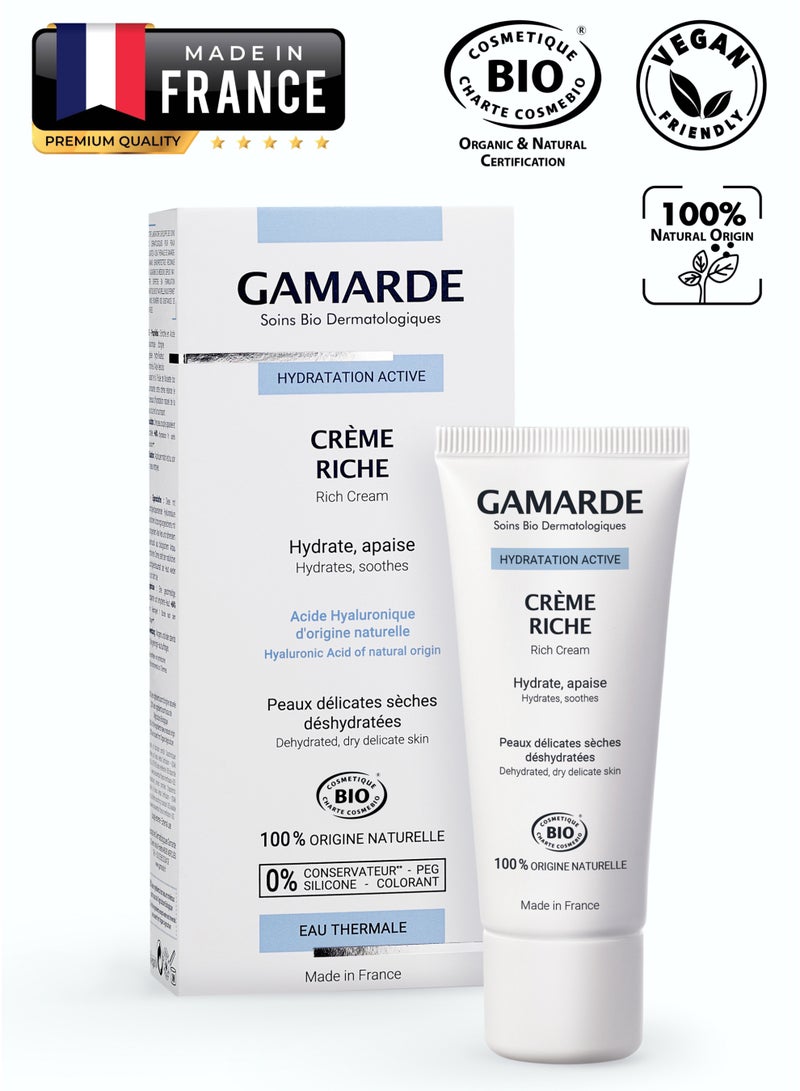 Gamarde Rich Hydrating Face Cream with Hyaluronic Acid, Argan Oil & Organic Aloe Vera Vegan Daily Moisturizer for Dry to Very Dry Sensitive Skin Certified Organic, Natural, Non-Greasy 40ml Made in France - Image 3