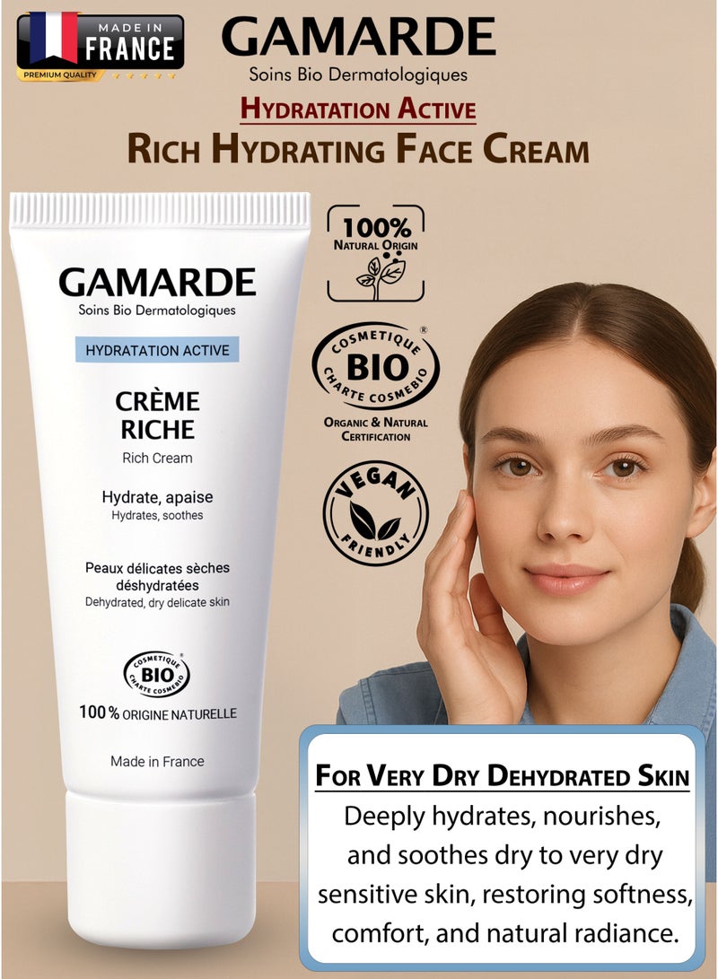 Gamarde Rich Hydrating Face Cream with Hyaluronic Acid, Argan Oil & Organic Aloe Vera Vegan Daily Moisturizer for Dry to Very Dry Sensitive Skin Certified Organic, Natural, Non-Greasy 40ml Made in France - Image 1