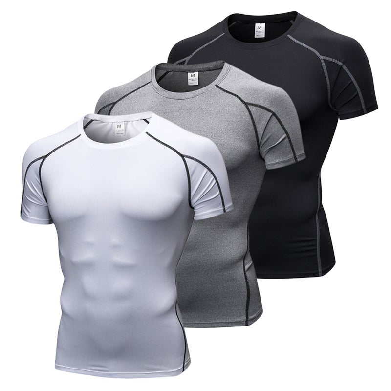 Pack of 3 Men Short Sleeve Shirt Quick Dry Running Fitness Athletic Workout T-Shirt Baselayer Top - Image 1