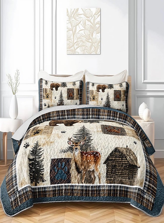 Tuzaovy Bear Deer Quilt Set Queen Size,Rustic Animal Bear Paw Printed Bed Cover Set for Boys Girls Room Decor,Rustic Farmhouse Quilt Bedding,Country Woodland Pine Tree Bedspread Bedroom Decor - Image 3