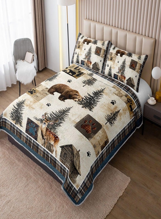 Tuzaovy Bear Deer Quilt Set Queen Size,Rustic Animal Bear Paw Printed Bed Cover Set for Boys Girls Room Decor,Rustic Farmhouse Quilt Bedding,Country Woodland Pine Tree Bedspread Bedroom Decor - Image 2