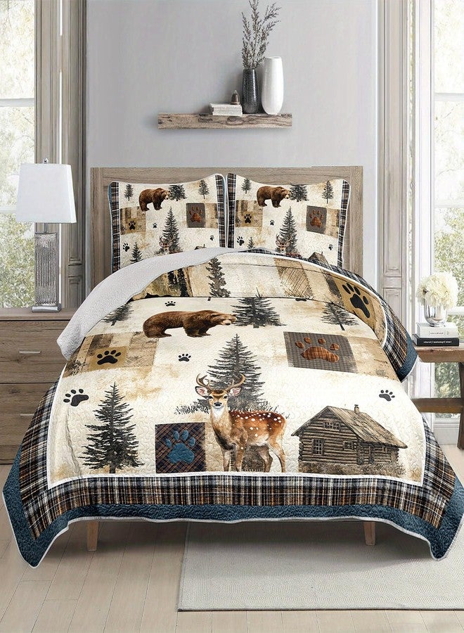 Tuzaovy Bear Deer Quilt Set Queen Size,Rustic Animal Bear Paw Printed Bed Cover Set for Boys Girls Room Decor,Rustic Farmhouse Quilt Bedding,Country Woodland Pine Tree Bedspread Bedroom Decor - Image 5