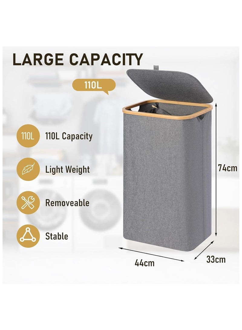Taizz Ventures 110L Laundry Hamper with Lid - Large Foldable Laundry Basket with Removable Inner Pocket | Taizz Ventures | Durable 600D Oxford Fabric & Bamboo Handles for Bedroom, Bathroom & Laundry Room 33x44x74cm - Grey  - Image 2