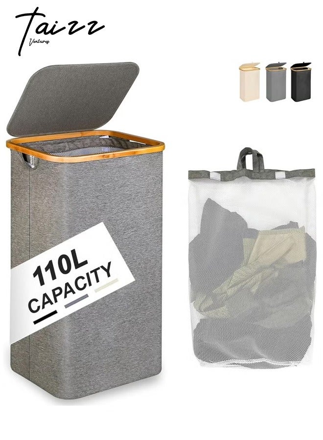 Taizz Ventures 110L Laundry Hamper with Lid - Large Foldable Laundry Basket with Removable Inner Pocket | Taizz Ventures | Durable 600D Oxford Fabric & Bamboo Handles for Bedroom, Bathroom & Laundry Room 33x44x74cm - Grey  - Image 1