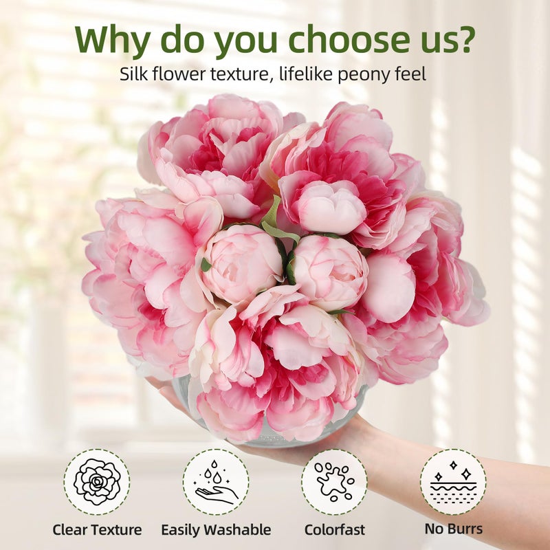 GarveeTech 7 Pcs Real Touch Artificial Peonies in Glass Vase, 6 Stems Faux Flowers with Faux Water, Silk Peony Arrangements for Wedding Centerpiece, Home Table, Party Decor (Pink) - Image 4