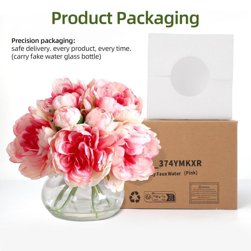 GarveeTech 7 Pcs Real Touch Artificial Peonies in Glass Vase, 6 Stems Faux Flowers with Faux Water, Silk Peony Arrangements for Wedding Centerpiece, Home Table, Party Decor (Pink) - Image 5